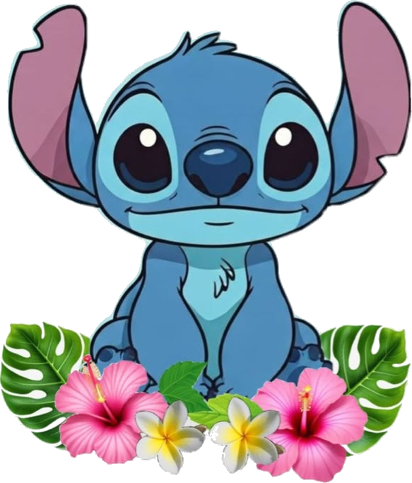 Stitch azul rodeado de flores tropicales